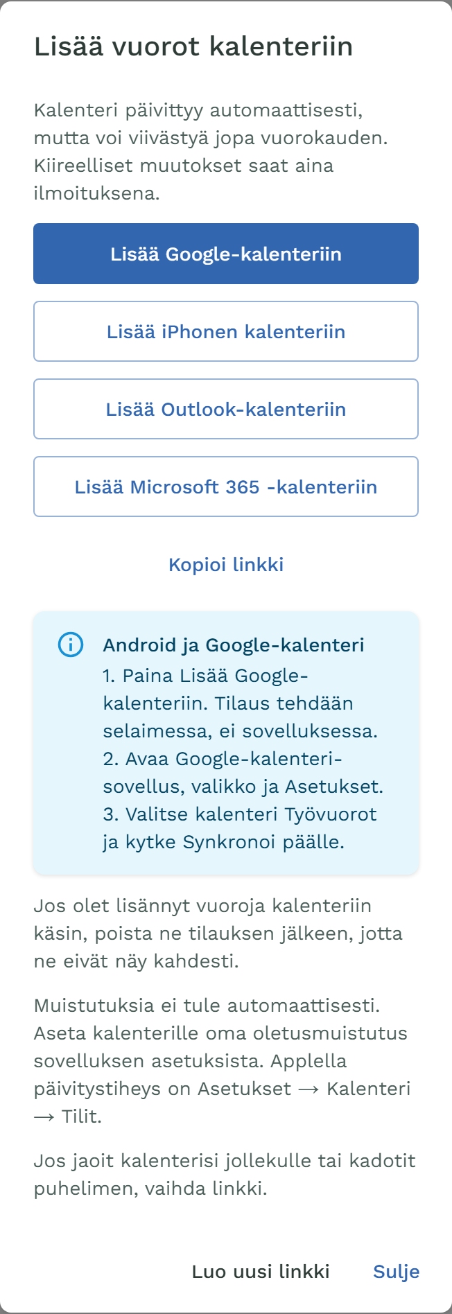 Sama ikkuna Android-puhelimella: ylimpänä Lisää Google-kalenteriin ja kolmen askeleen ohje