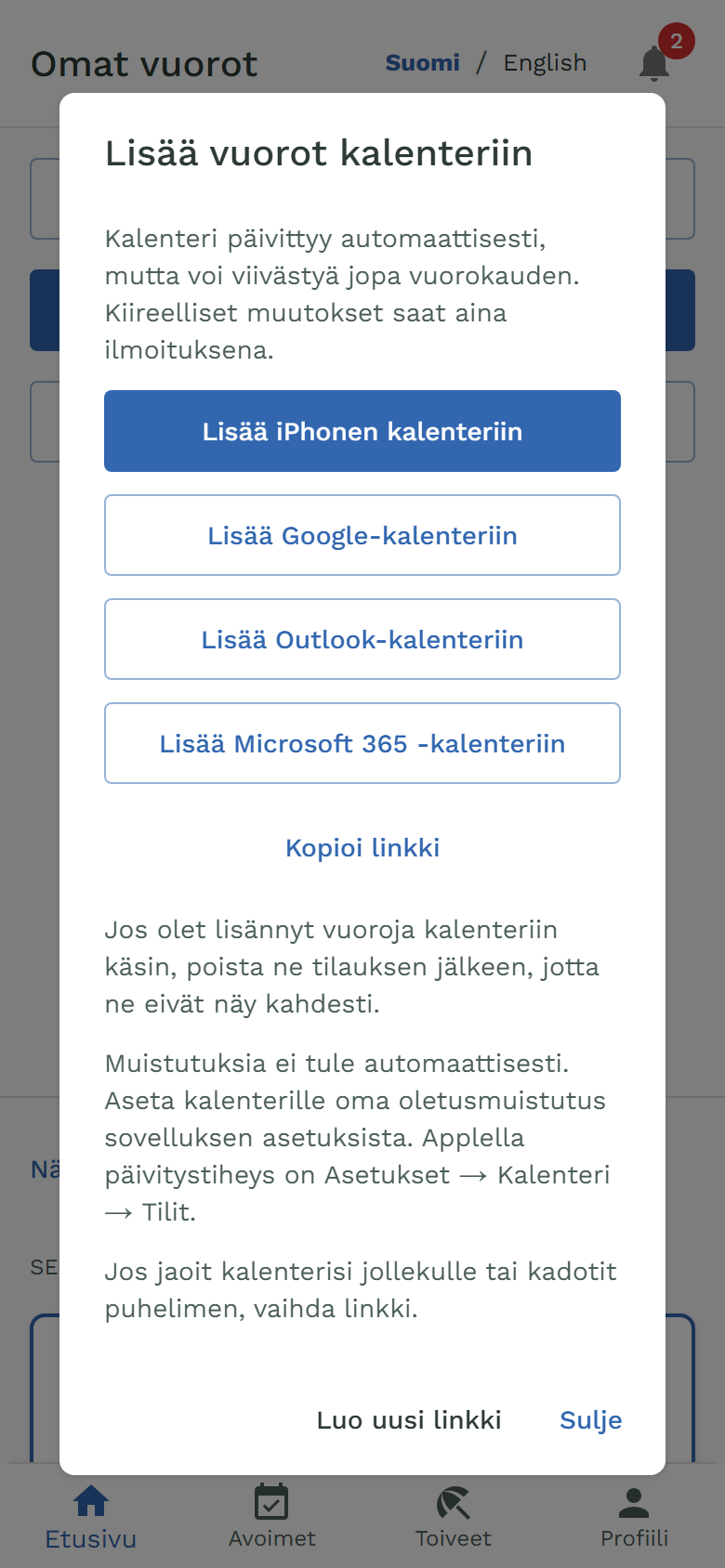 Oma-portaalin Lisää vuorot kalenteriin -ikkuna, jossa painikkeet iPhonen, Googlen, Outlookin ja Microsoft 365:n kalentereille.