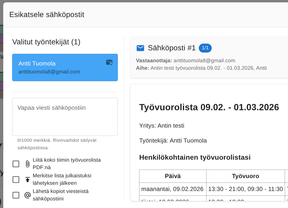 Työvuorolistan sähköpostin esikatselu, jossa on vapaamuotoinen viestikenttä.