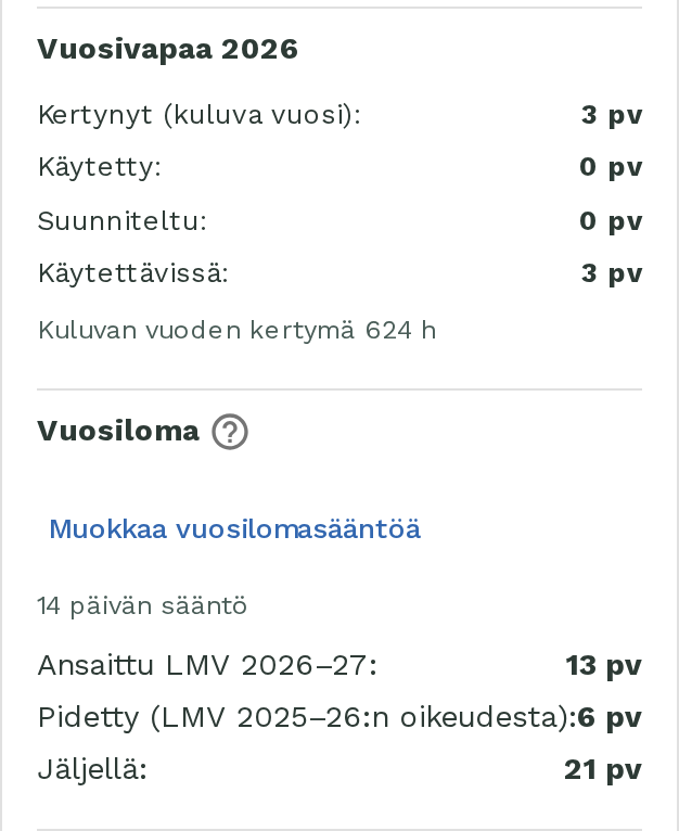 Työntekijäkortilla vuosivapaa ja vuosiloma näkyvät erillisinä saldoina.