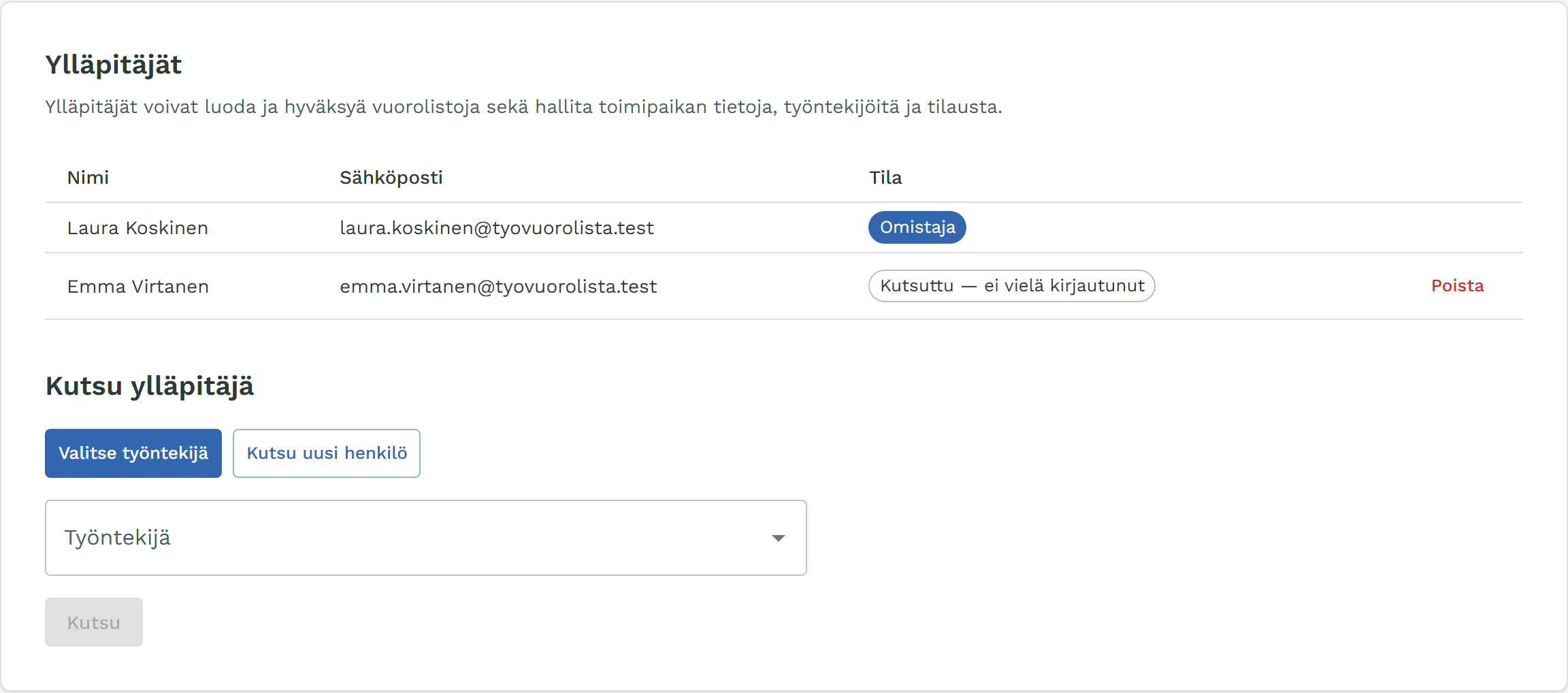 Asetusten Ylläpitäjät-osio, jossa omistaja ja kutsuttu ylläpitäjä.