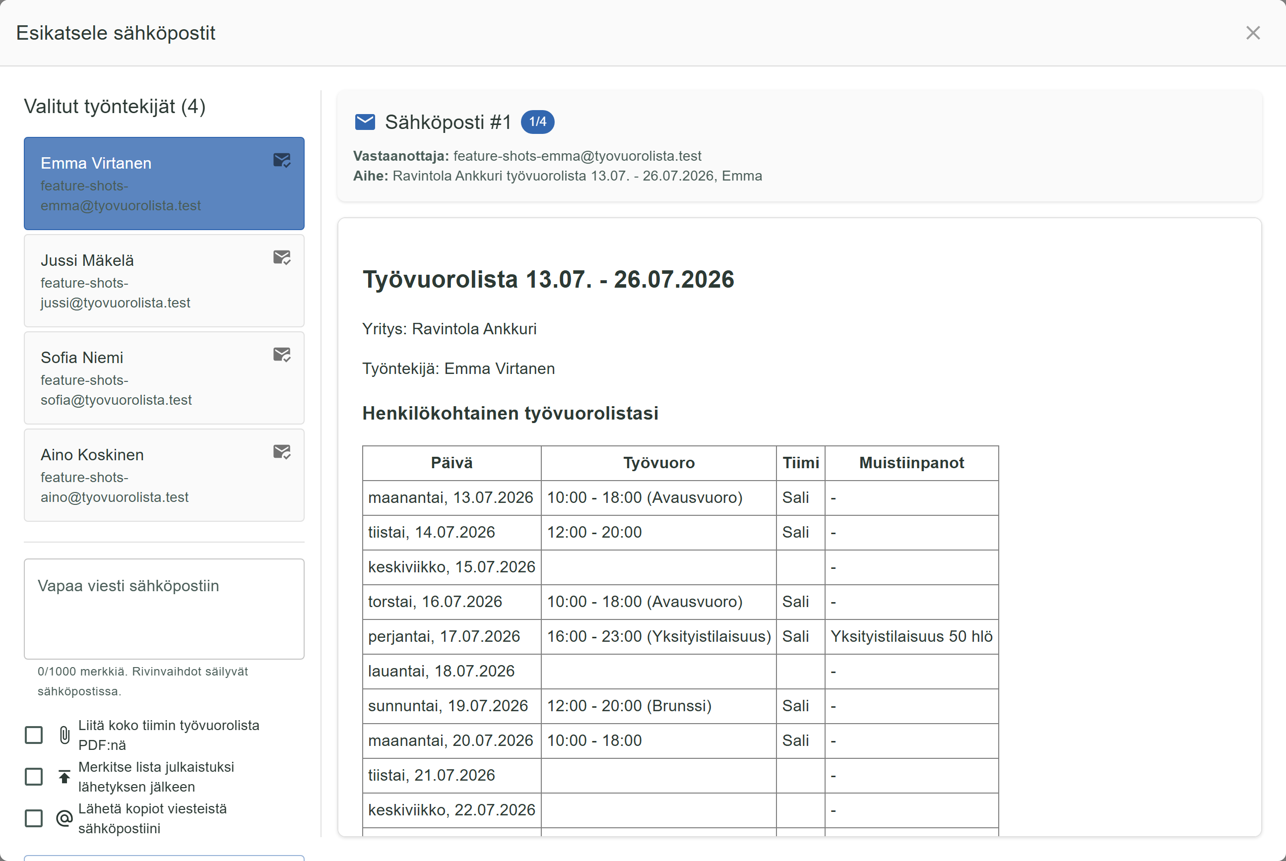 Sähköpostin esikatselu ennen työvuorolistan lähettämistä