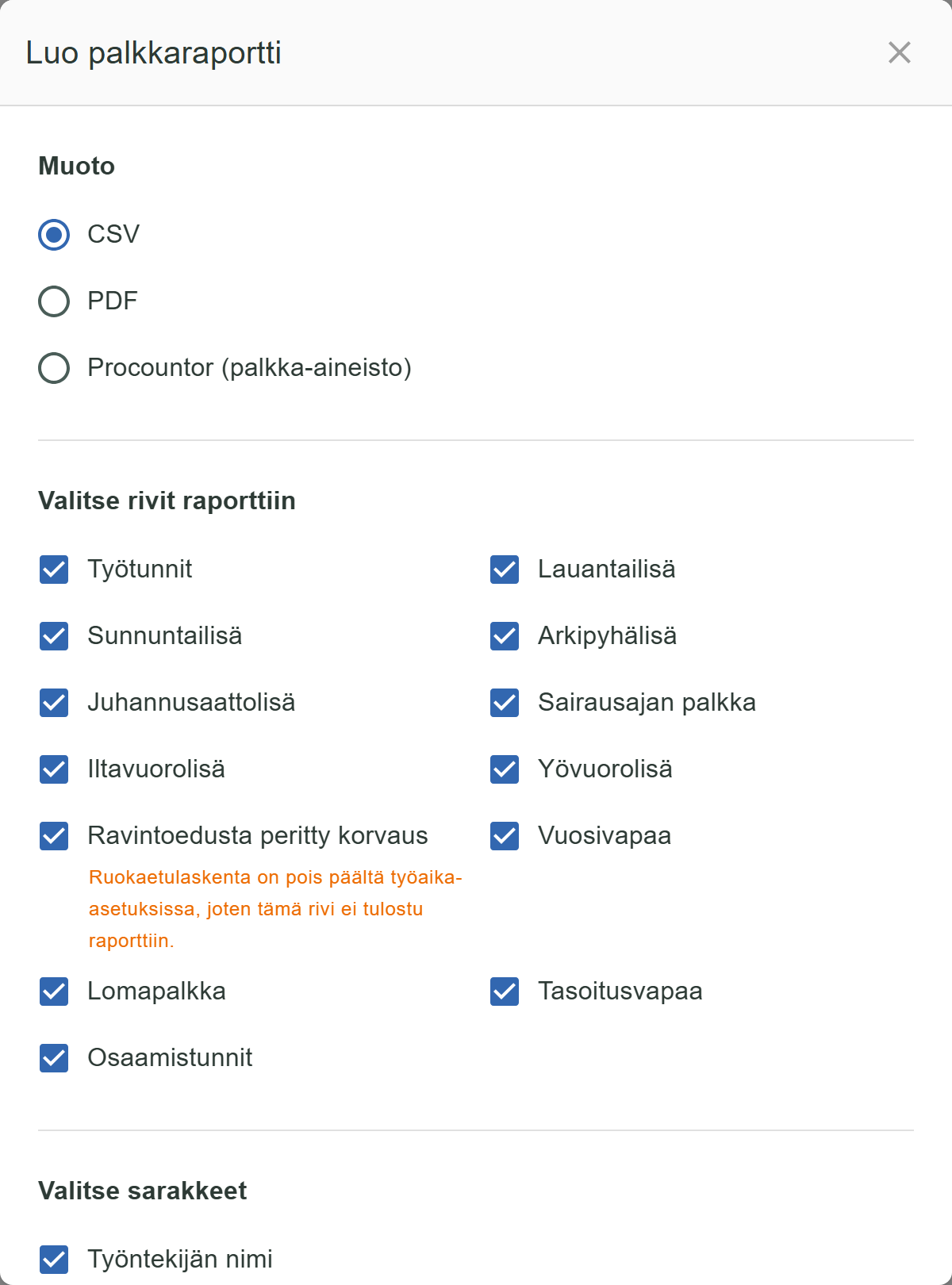 Palkkaraportti, jossa TES-tunnit luokiteltuina riveinä